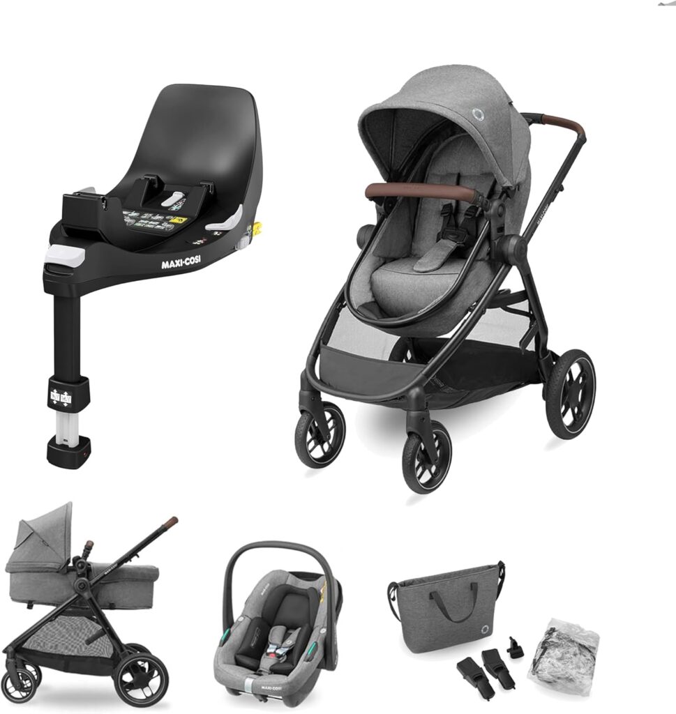 Maxi-Cosi Zelia S Trio 3-in-1 Travel System, FamilyFix 360 Base Bundle - Baby Pushchair Travel System incl. CabrioFix S i-Size Car Seat, 0-4 Years, Up to 22 kg, Grey + FamilyFix 360 Swivel Base, Black