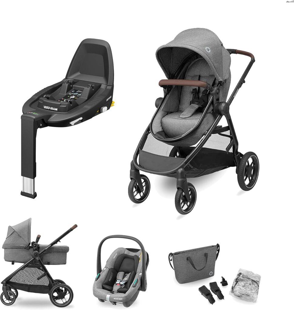 Maxi-Cosi Zelia S Trio 3-in-1 Travel System, FamilyFix3 Base Bundle - Baby Pushchair Travel System incl. CabrioFix S i-Size Car Seat, 0 - 4 Years, Up to 22 kg, Grey + FamilyFix3 ISOFIX Base, Black